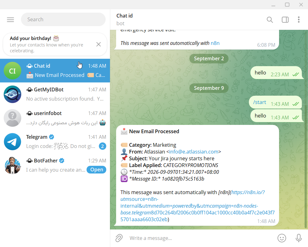 Telegram instant alert notification